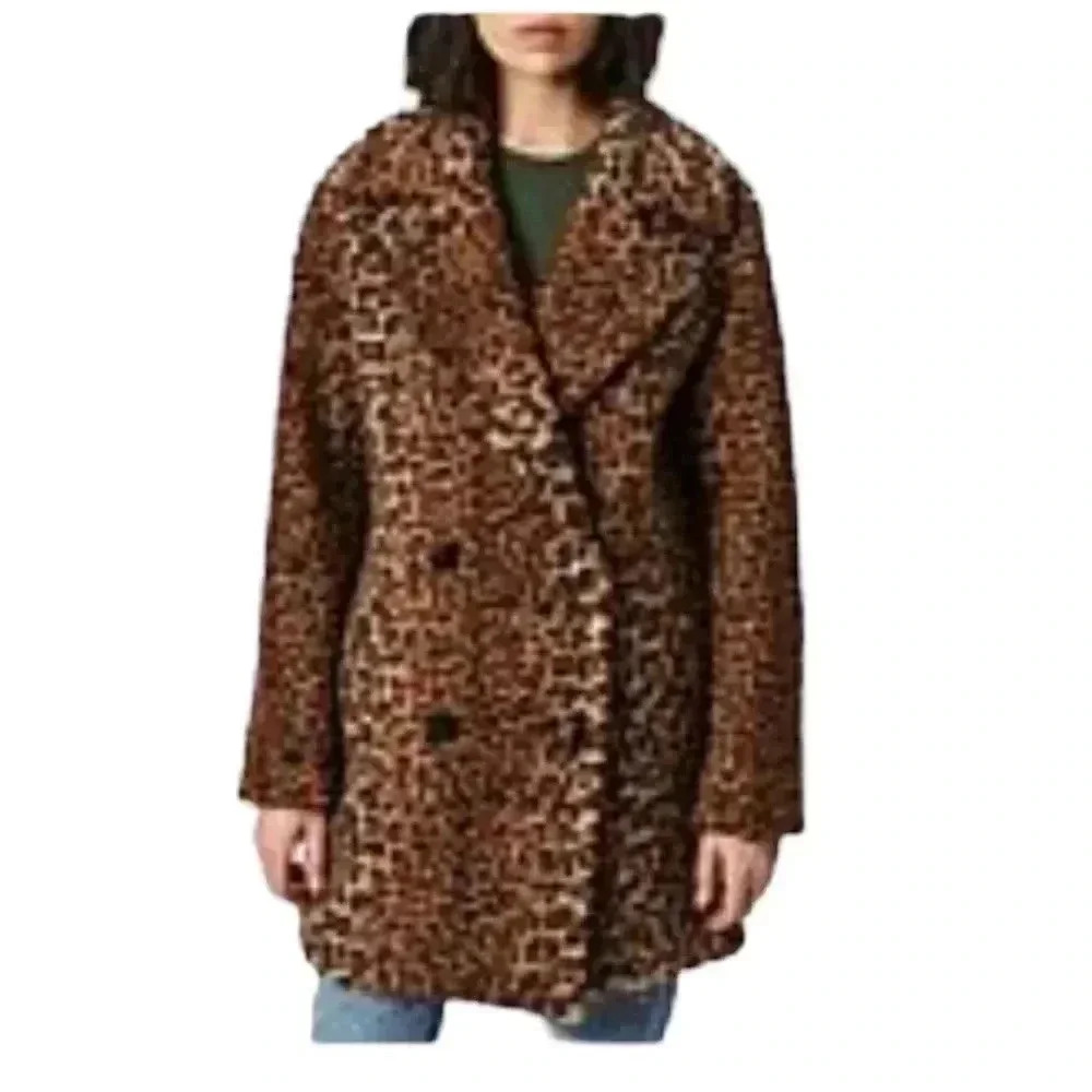 Bernardo Leopard Print Faux Fur Coat Teddy Jacket Oversized Pea Coat Womens - Picture 8 of 10